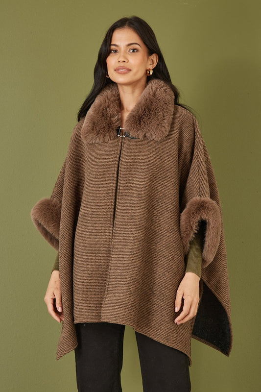 Yumi Brown Cape With Luxe Fur Trim And Lining Yumi