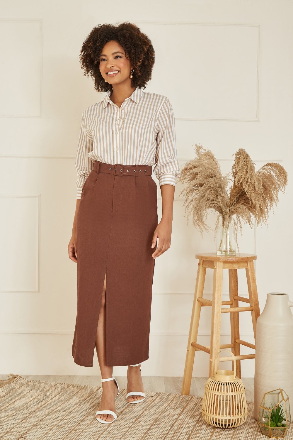 Yumi Brown Cotton Midi Skirt With Belt And Split Hem Yumi