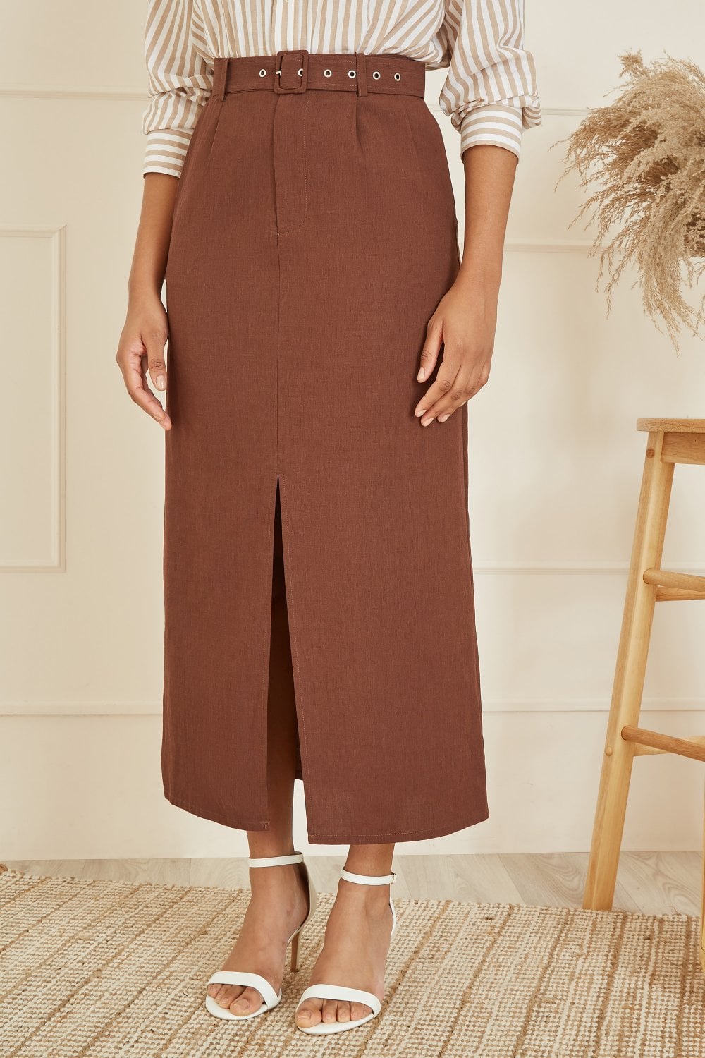 Yumi Brown Cotton Midi Skirt With Belt And Split Hem Yumi