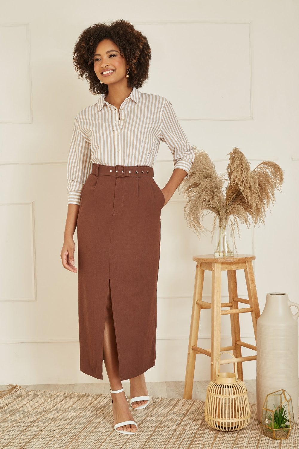 Yumi Brown Cotton Midi Skirt With Belt And Split Hem Yumi