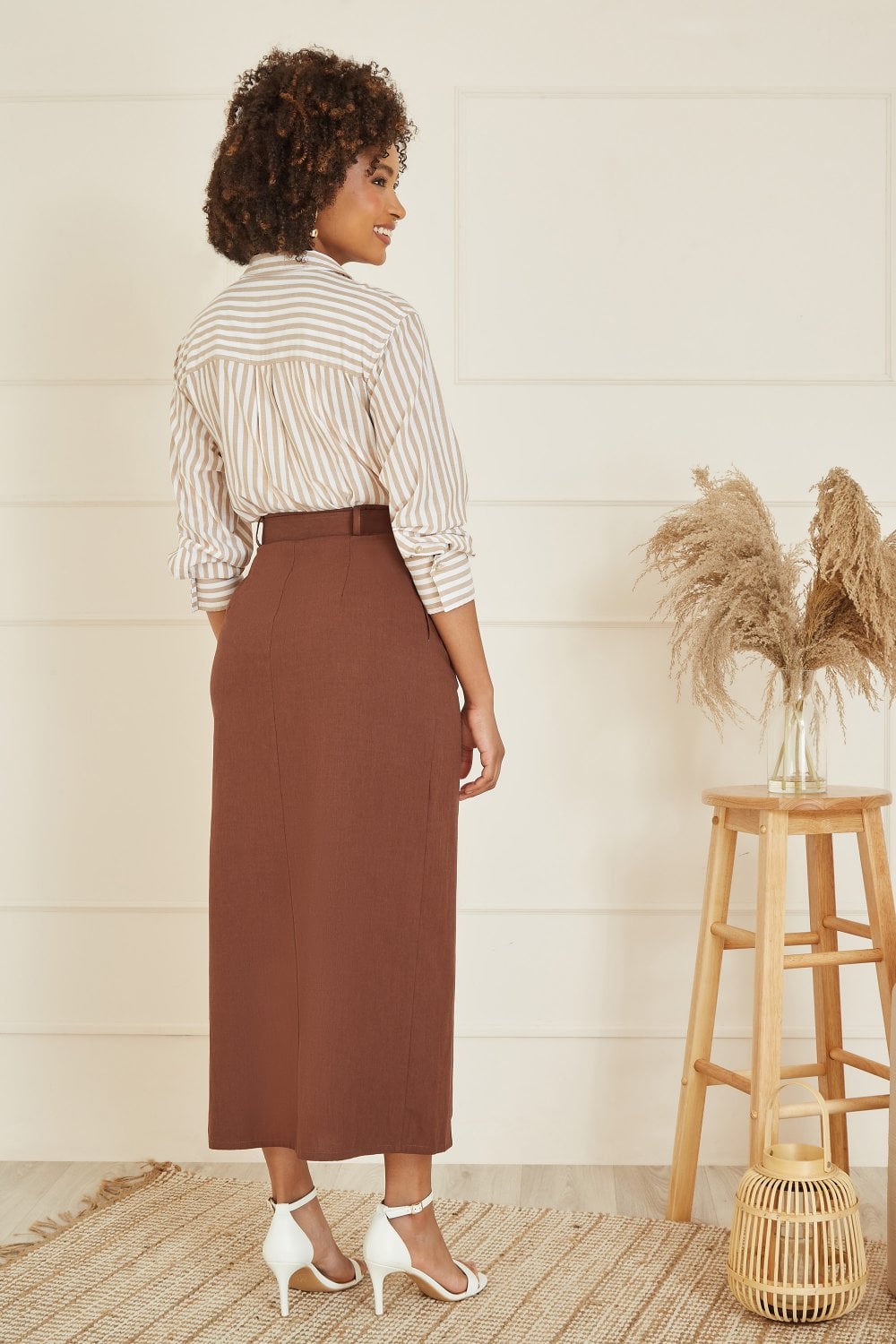 Yumi Brown Cotton Midi Skirt With Belt And Split Hem Yumi