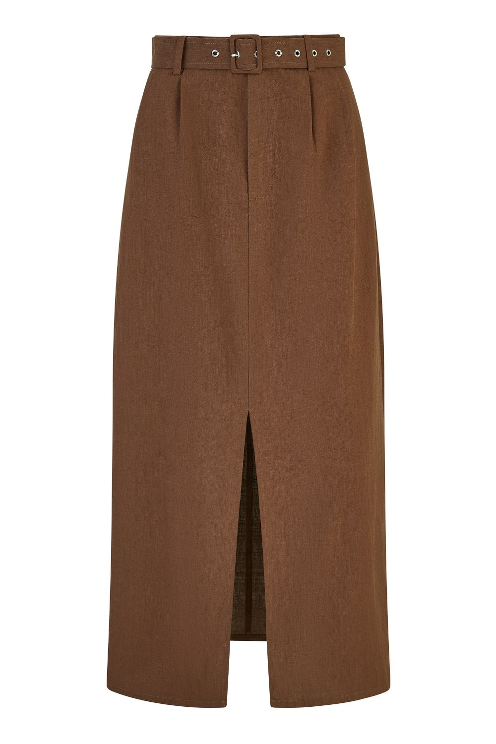 Yumi Brown Cotton Midi Skirt With Belt And Split Hem Yumi