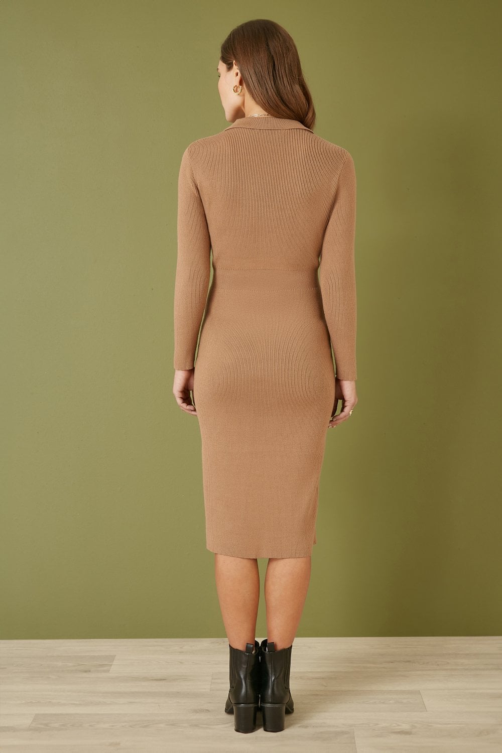 Yumi Brown Knitted Midi Dress With Asymmetric Button Details Yumi