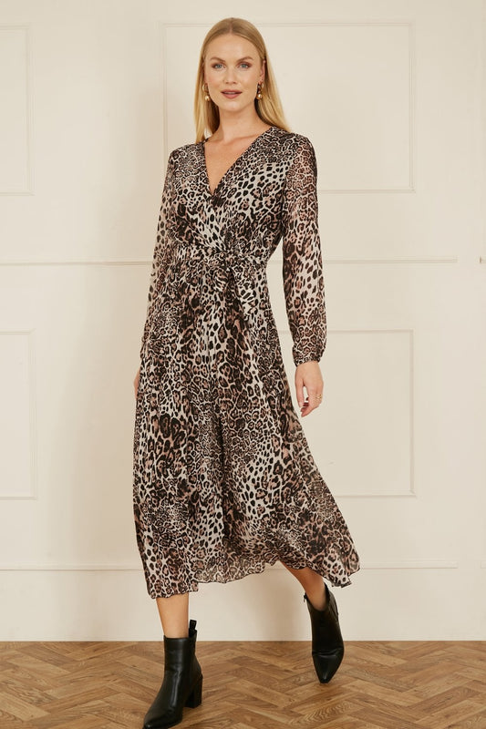 Yumi Brown Leopard Print Pleated Long Sleeve Wrap Midi Dress Yumi