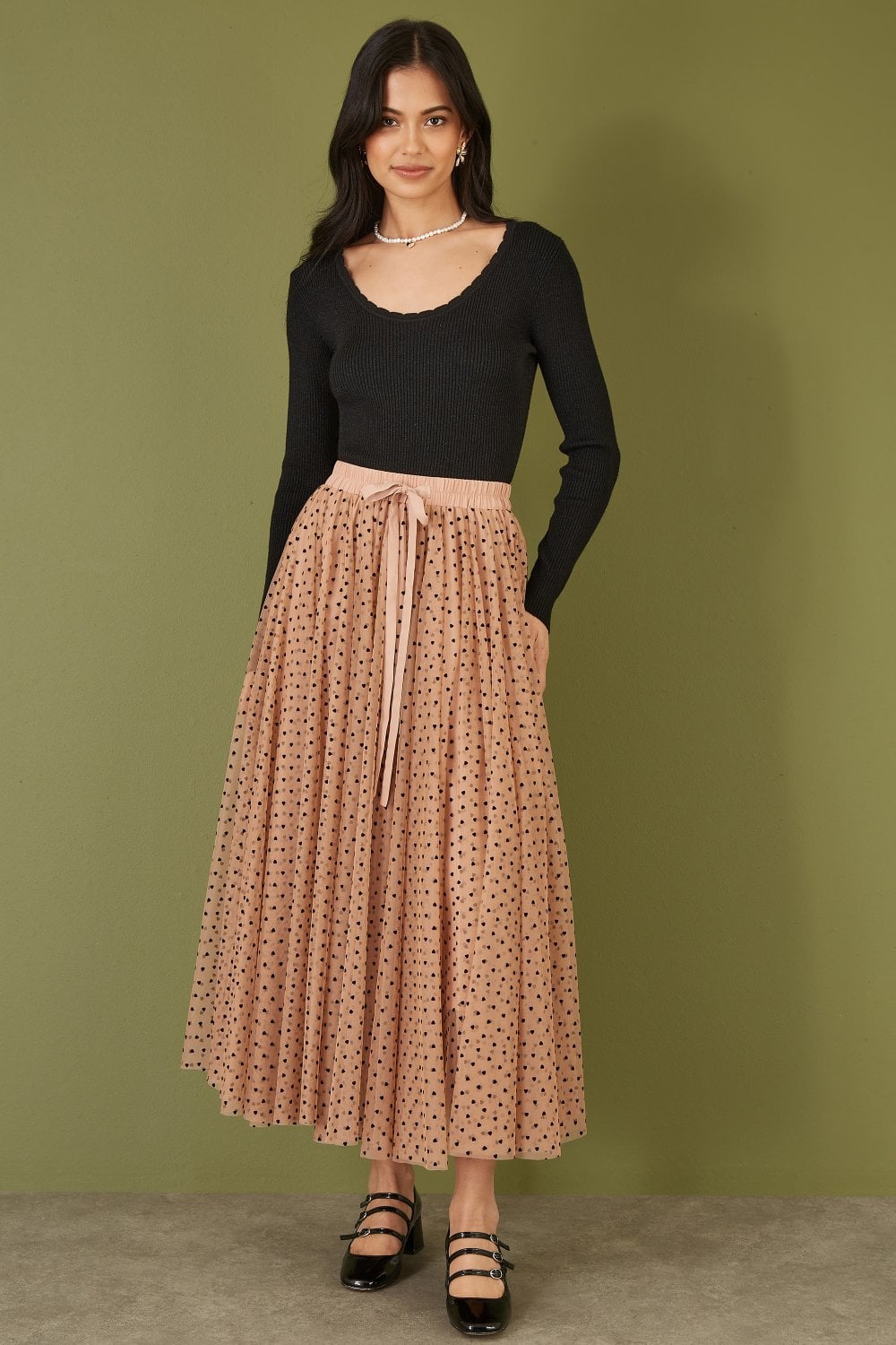 Yumi Brown Mesh Heart Print Tulle Skirt Yumi