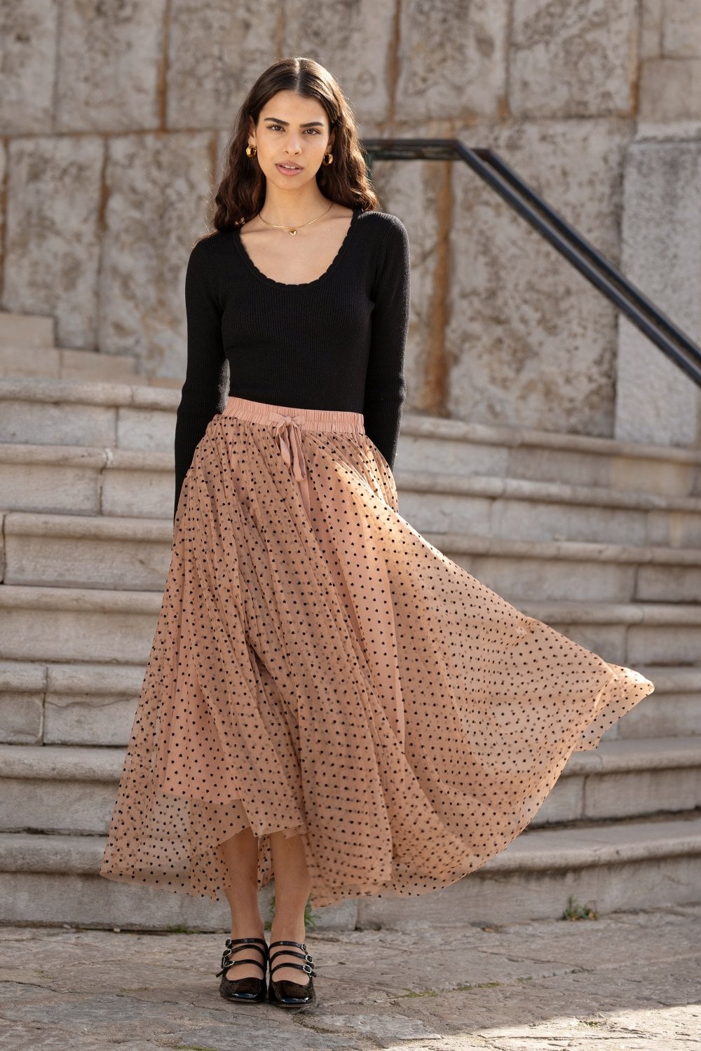 Yumi Brown Mesh Heart Print Tulle Skirt Yumi