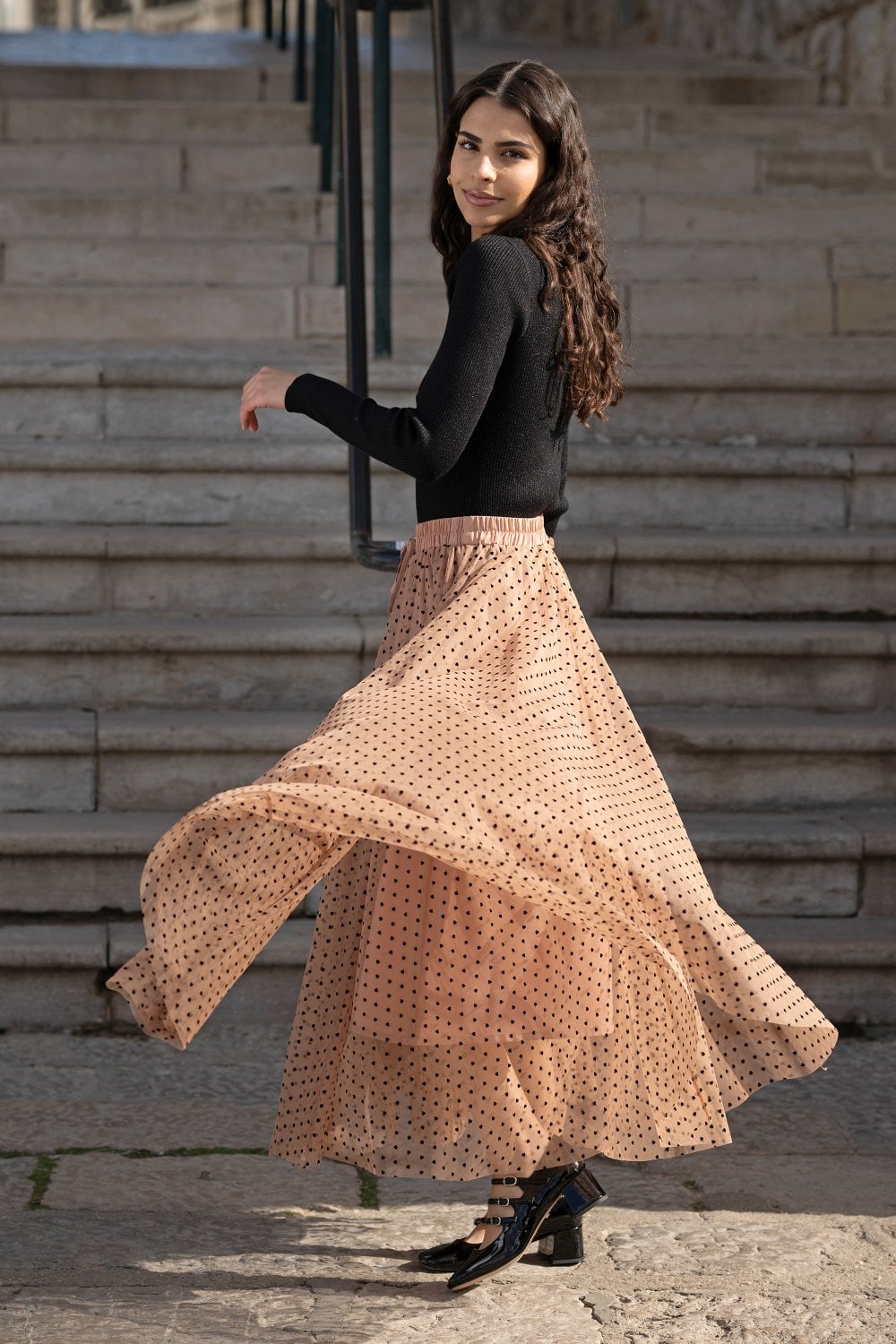 Yumi Brown Mesh Heart Print Tulle Skirt Yumi