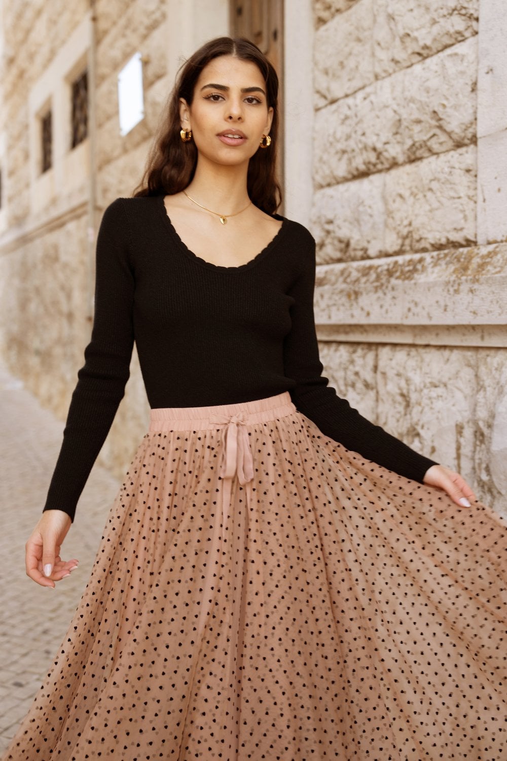 Yumi Brown Mesh Heart Print Tulle Skirt Yumi