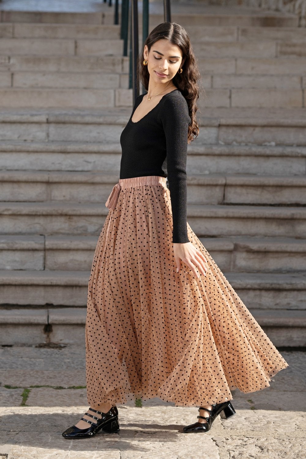 Yumi Brown Mesh Heart Print Tulle Skirt Yumi