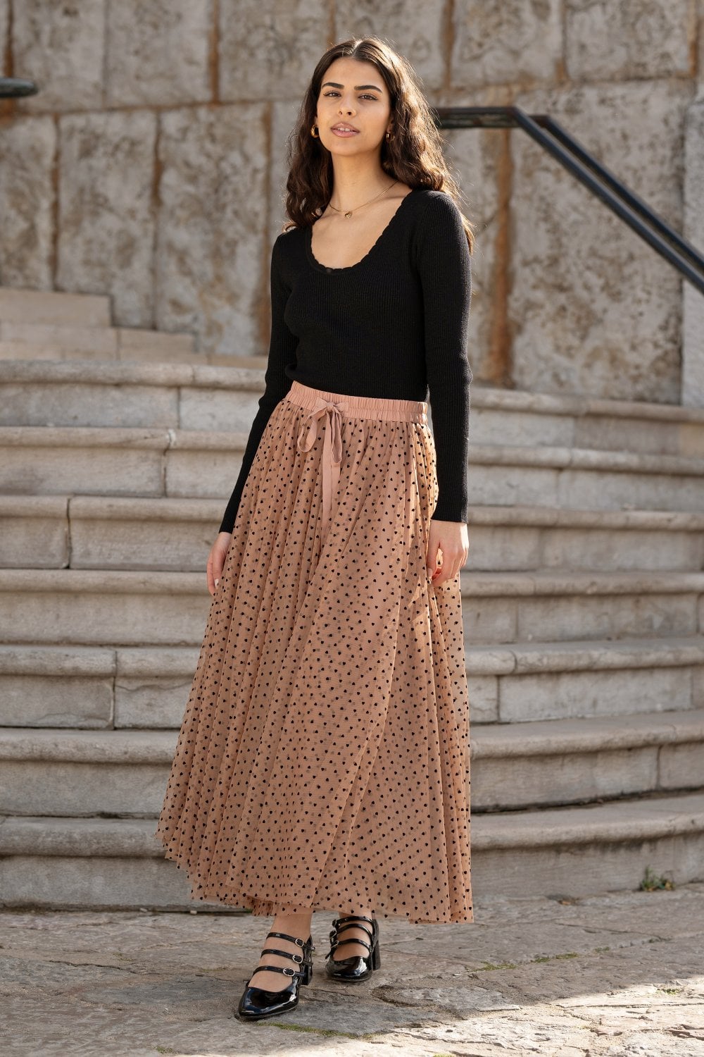 Yumi Brown Mesh Heart Print Tulle Skirt Yumi