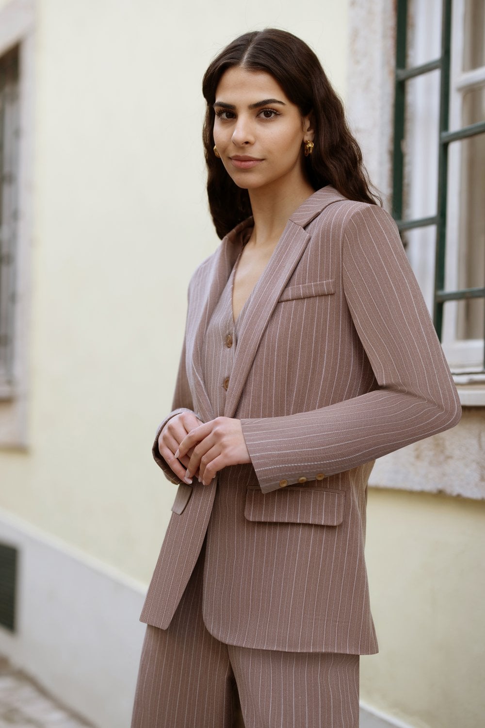 Yumi Brown Pinstripe Blazer Yumi