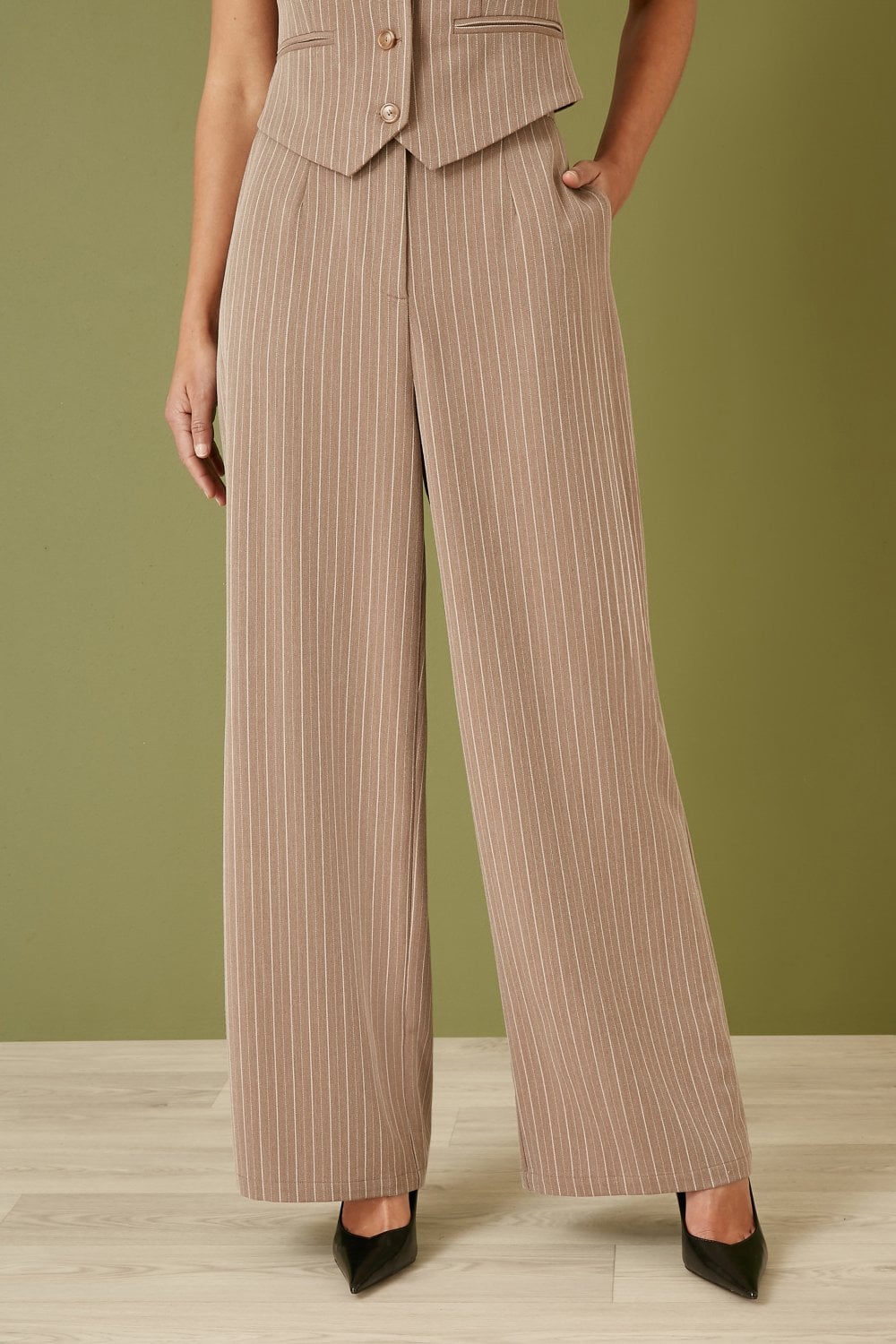 Yumi Brown Pinstripe Sustainable Cotton And Ramie Wide Leg Trousers Yumi