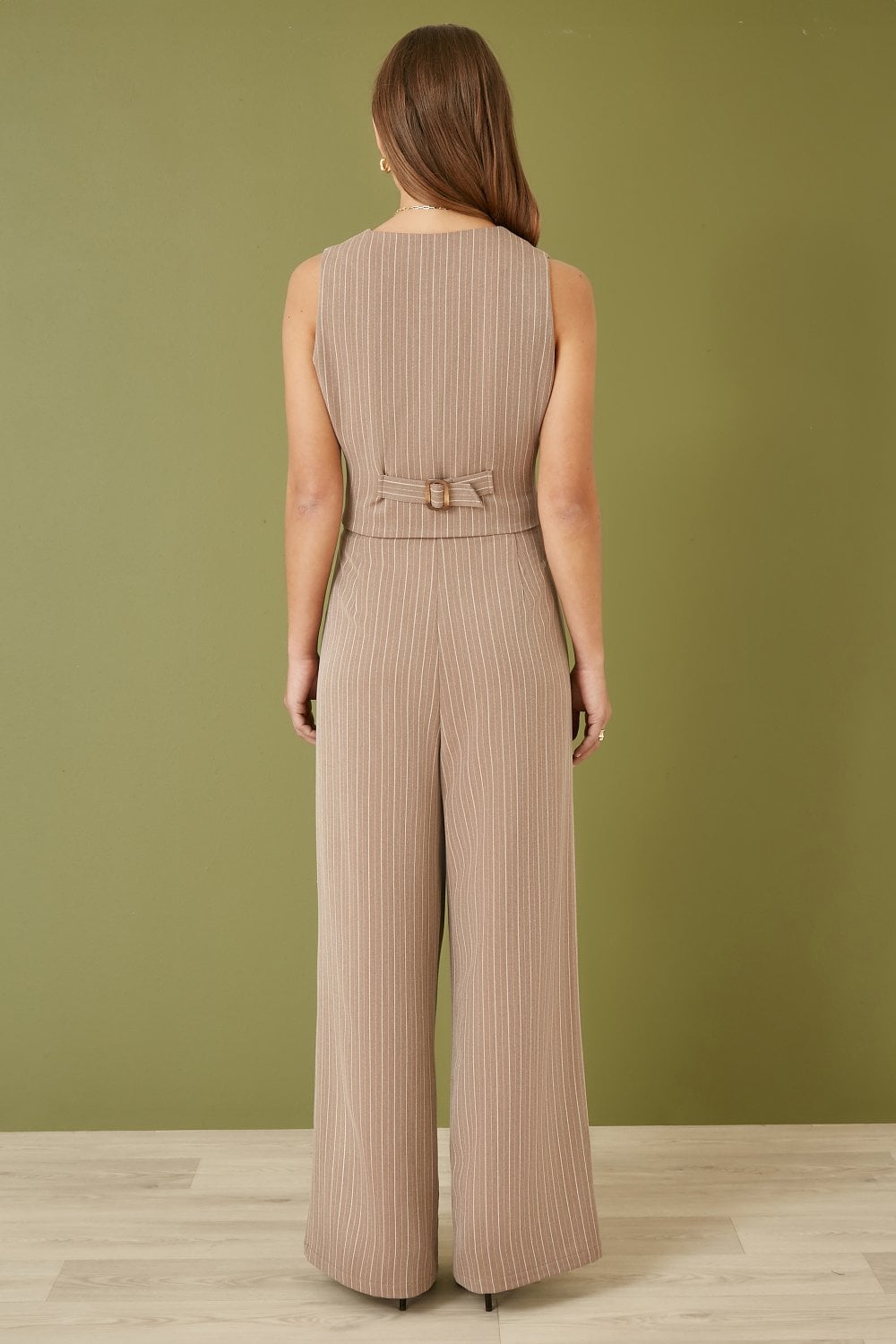 Yumi Brown Pinstripe Sustainable Cotton And Ramie Wide Leg Trousers Yumi