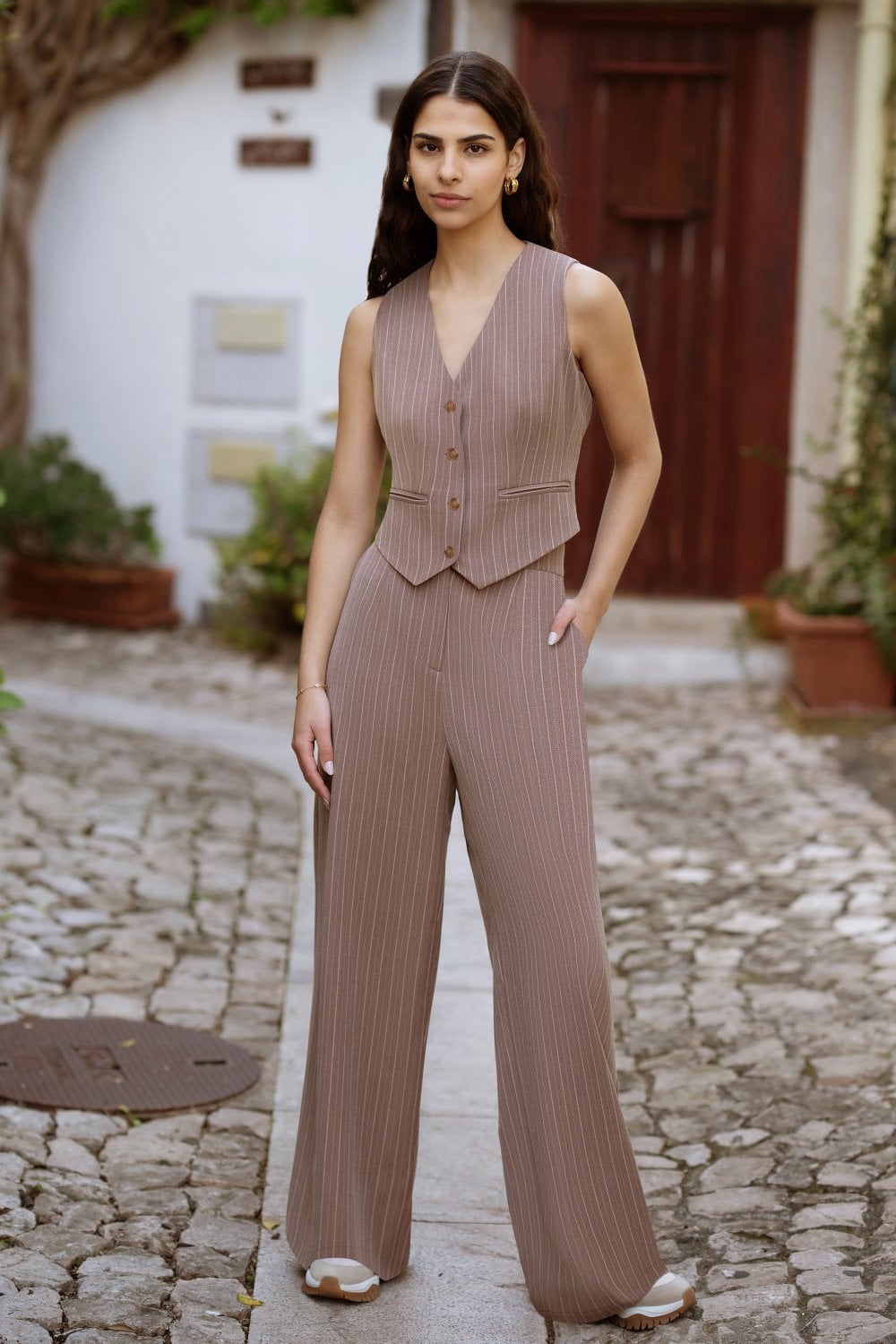 Yumi Brown Pinstripe Sustainable Cotton And Ramie Wide Leg Trousers Yumi