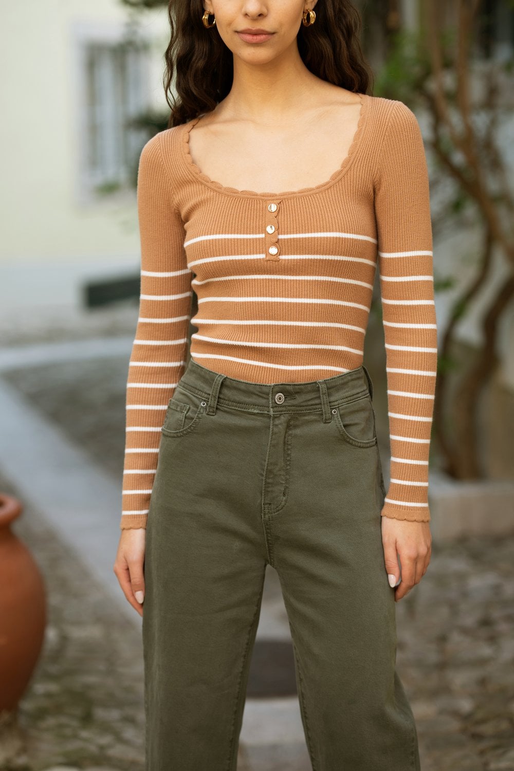 Yumi Brown Stripe Rib Knitted Long Sleeve Top With Button Details Yumi