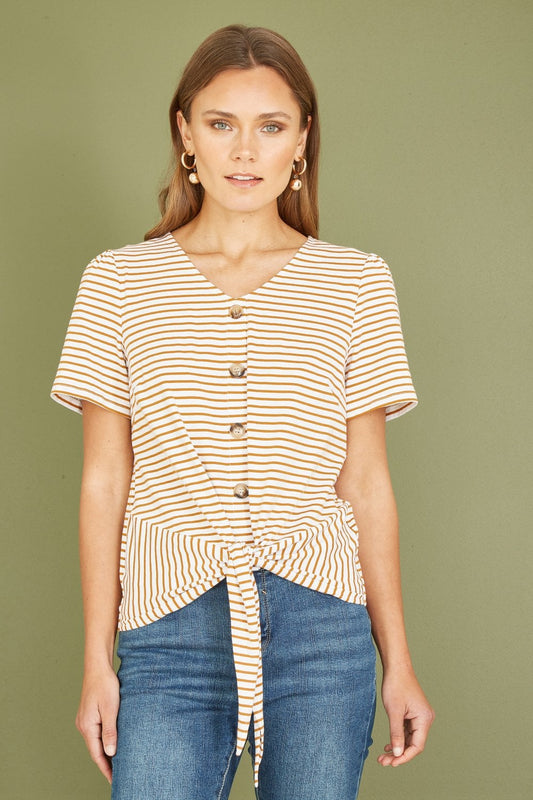 Yumi Brown Striped Jersey Button Detail Top Yumi