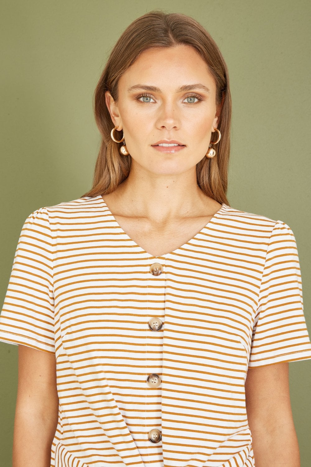 Yumi Brown Striped Jersey Button Detail Top Yumi