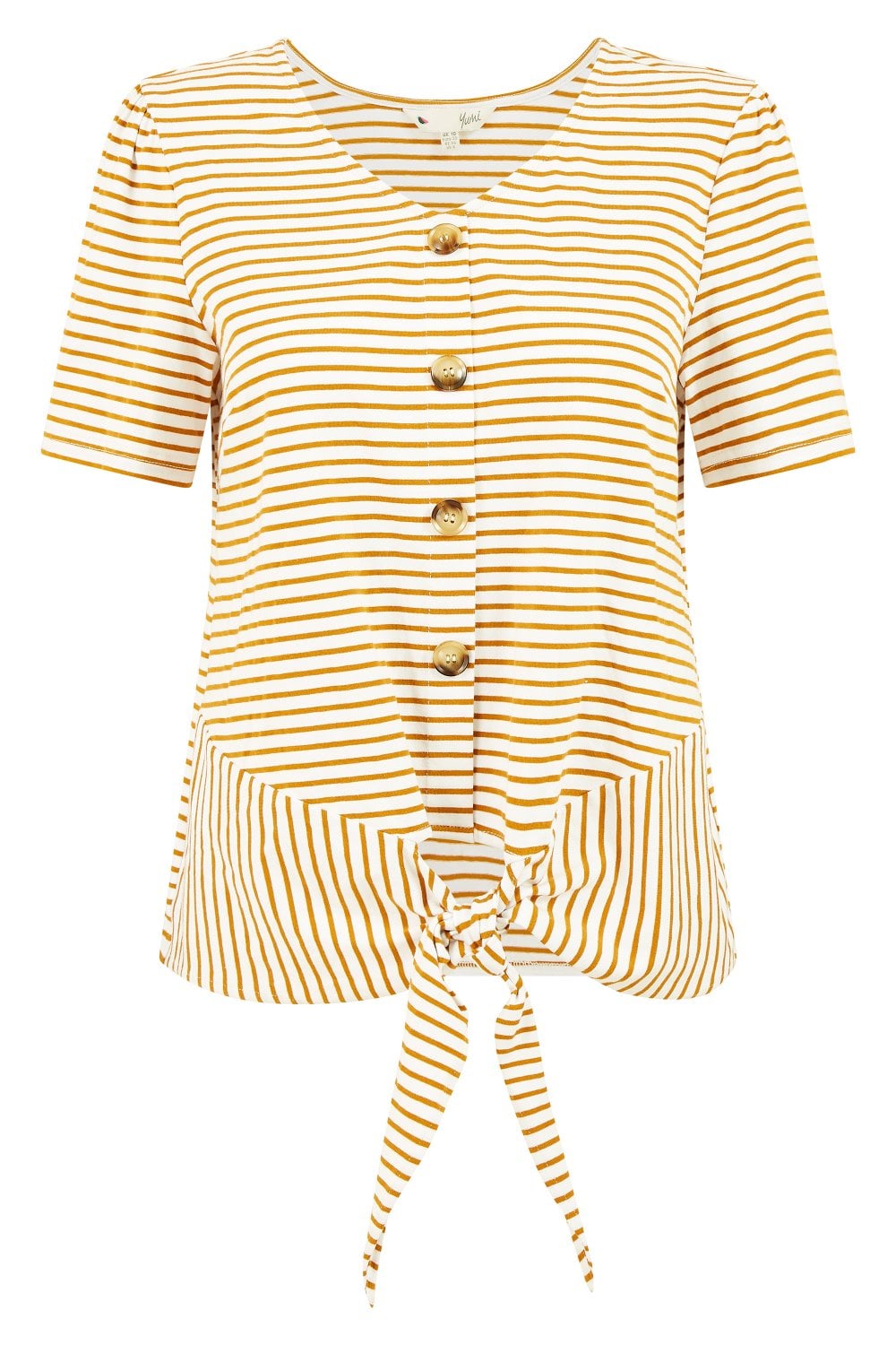 Yumi Brown Striped Jersey Button Detail Top Yumi