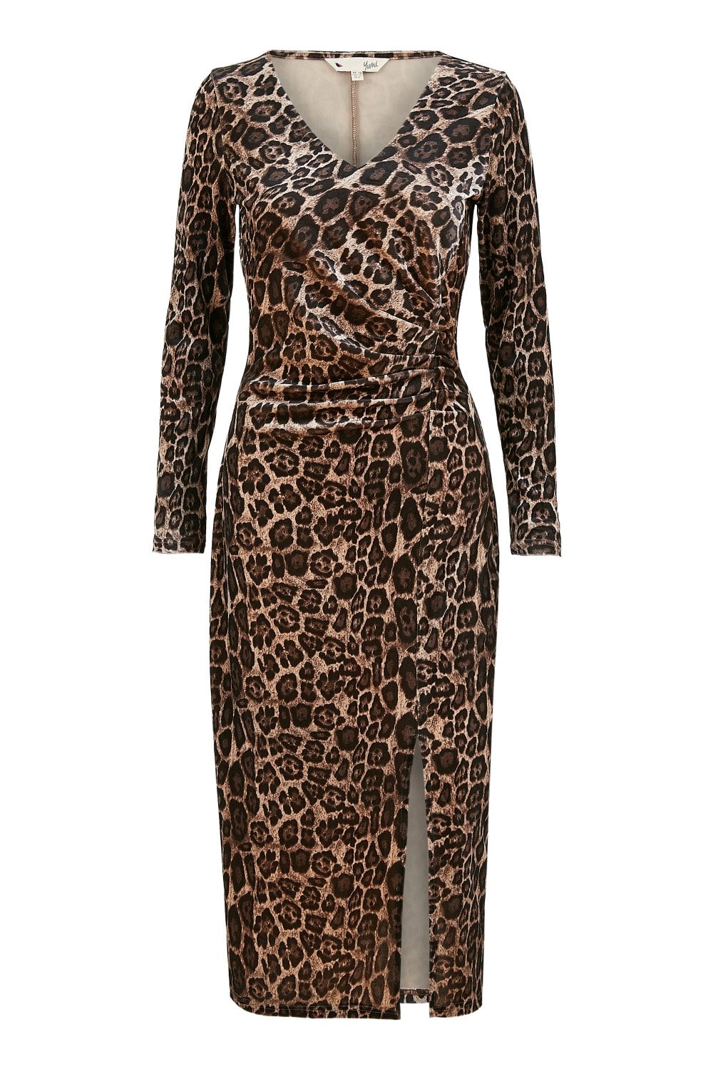 Yumi Brown Velvet Leopard Print Fitted Midi Dress Yumi