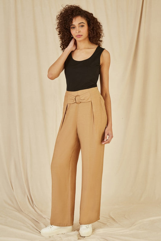 Yumi Brown Wide Leg trousers With Front Buckle Detail Yumi