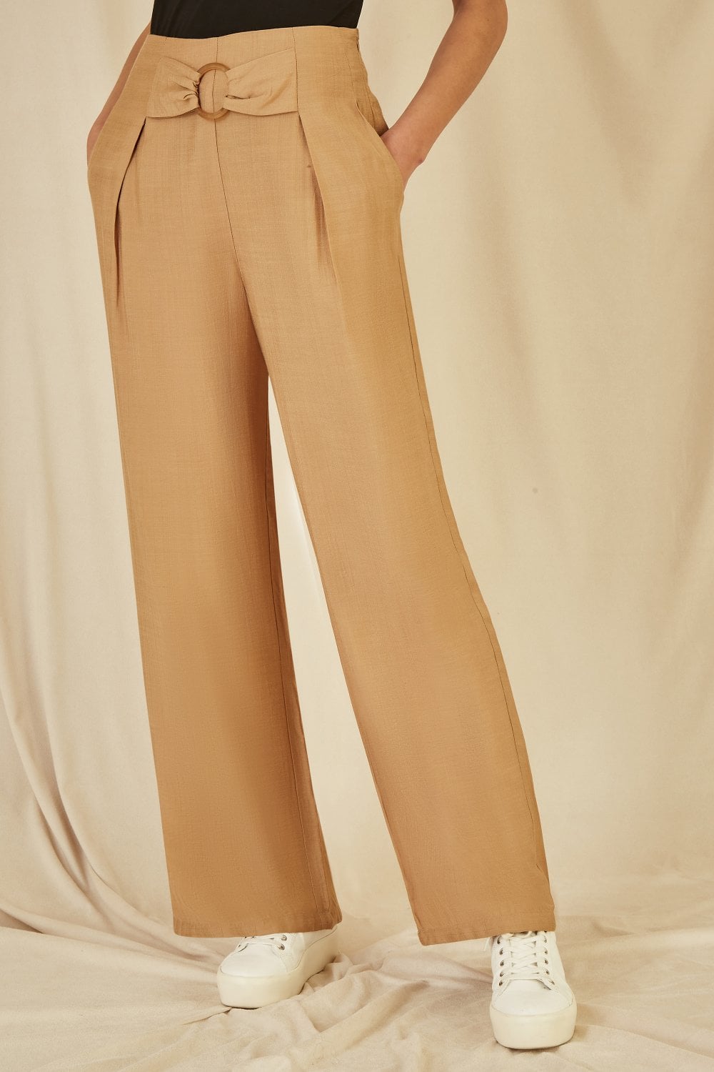 Yumi Brown Wide Leg trousers With Front Buckle Detail Yumi