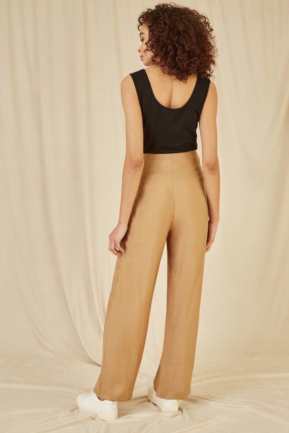 Yumi Brown Wide Leg trousers With Front Buckle Detail Yumi