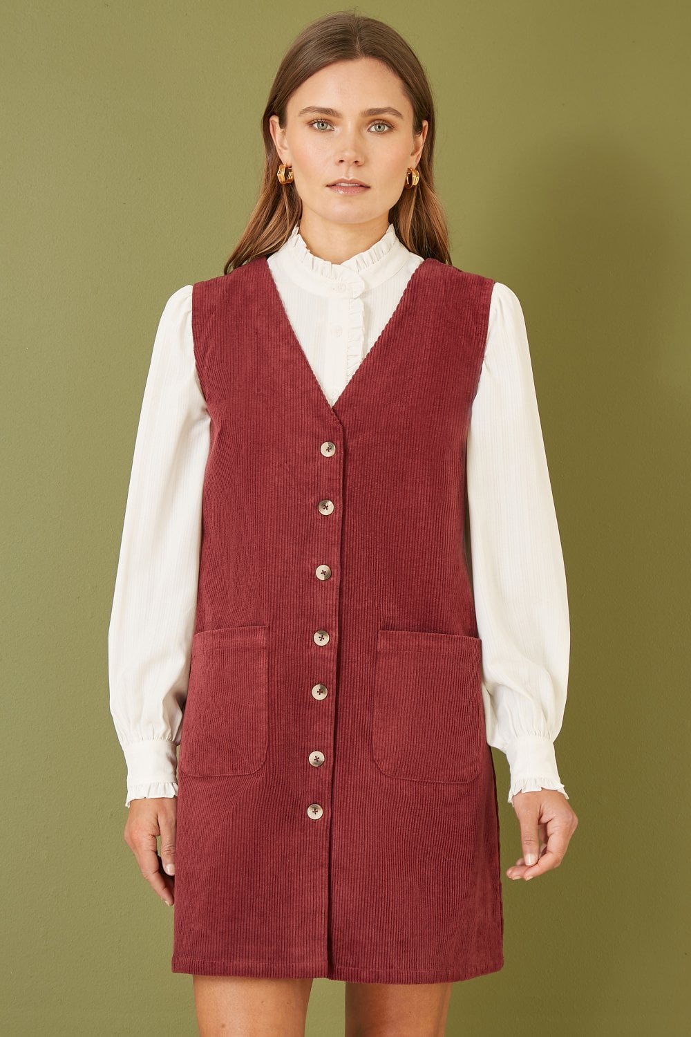 Yumi Burgundy Cord Button Through Pinafore Dress With Pockets Yumi