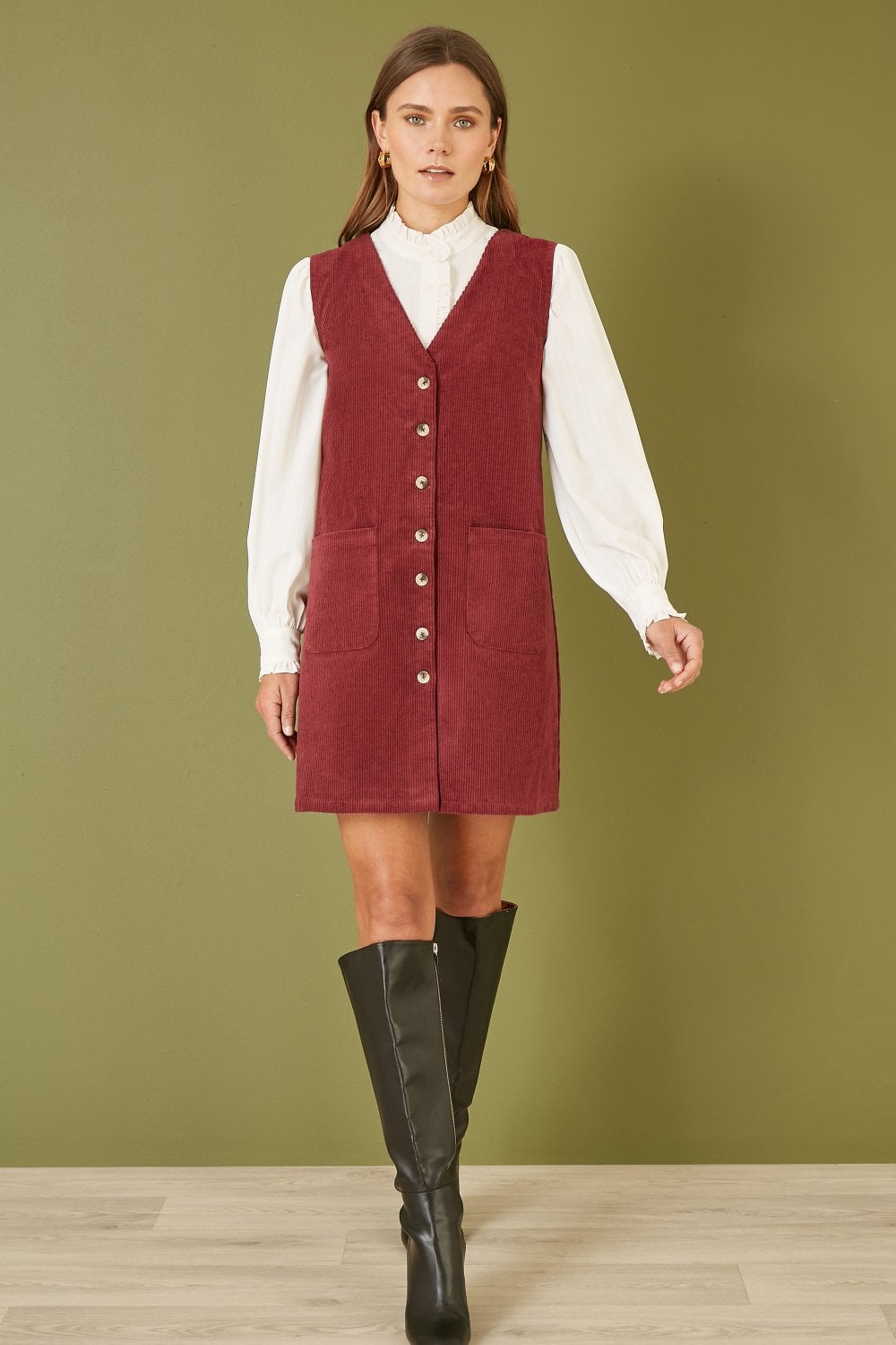 Yumi Burgundy Cord Button Through Pinafore Dress With Pockets Yumi