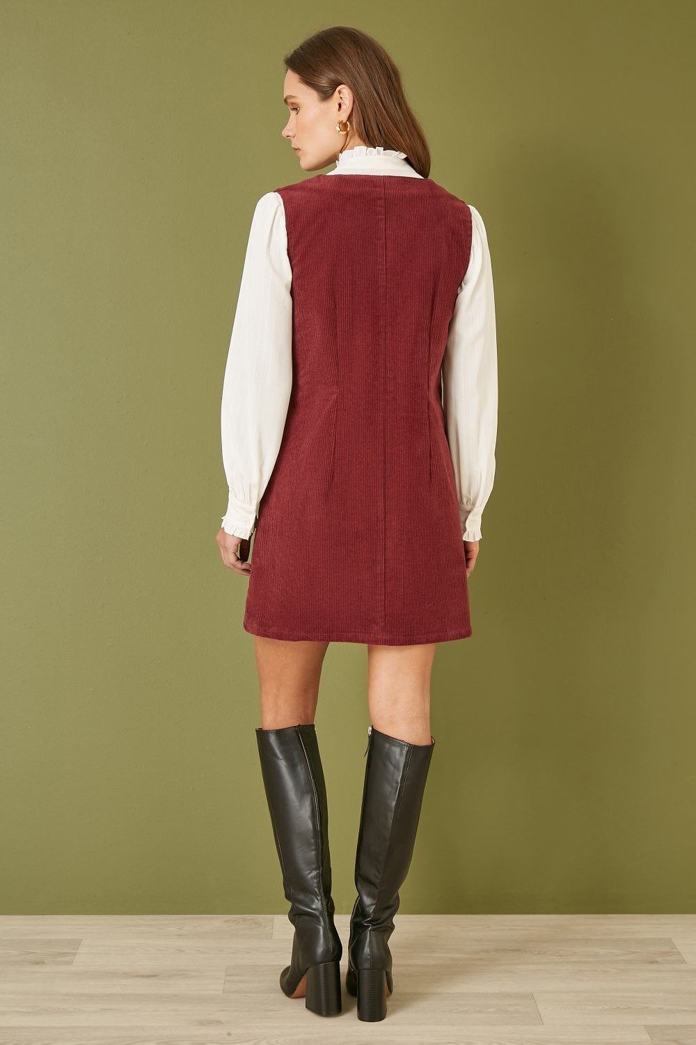 Yumi Burgundy Cord Button Through Pinafore Dress With Pockets Yumi