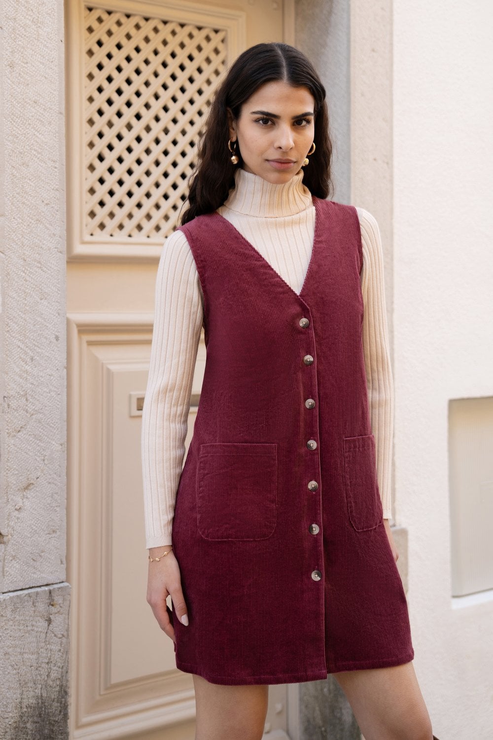 Yumi Burgundy Cord Button Through Pinafore Dress With Pockets Yumi