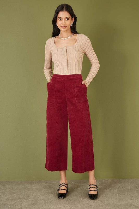 Yumi Burgundy Cord Cropped Wide Leg Trousers With Pockets Yumi