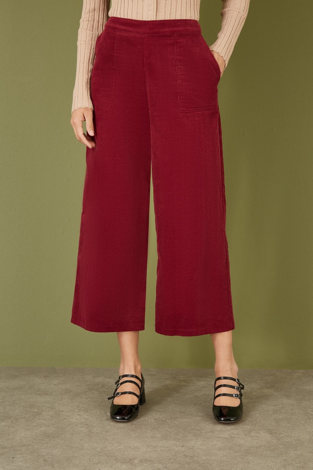 Yumi Burgundy Cord Cropped Wide Leg Trousers With Pockets Yumi