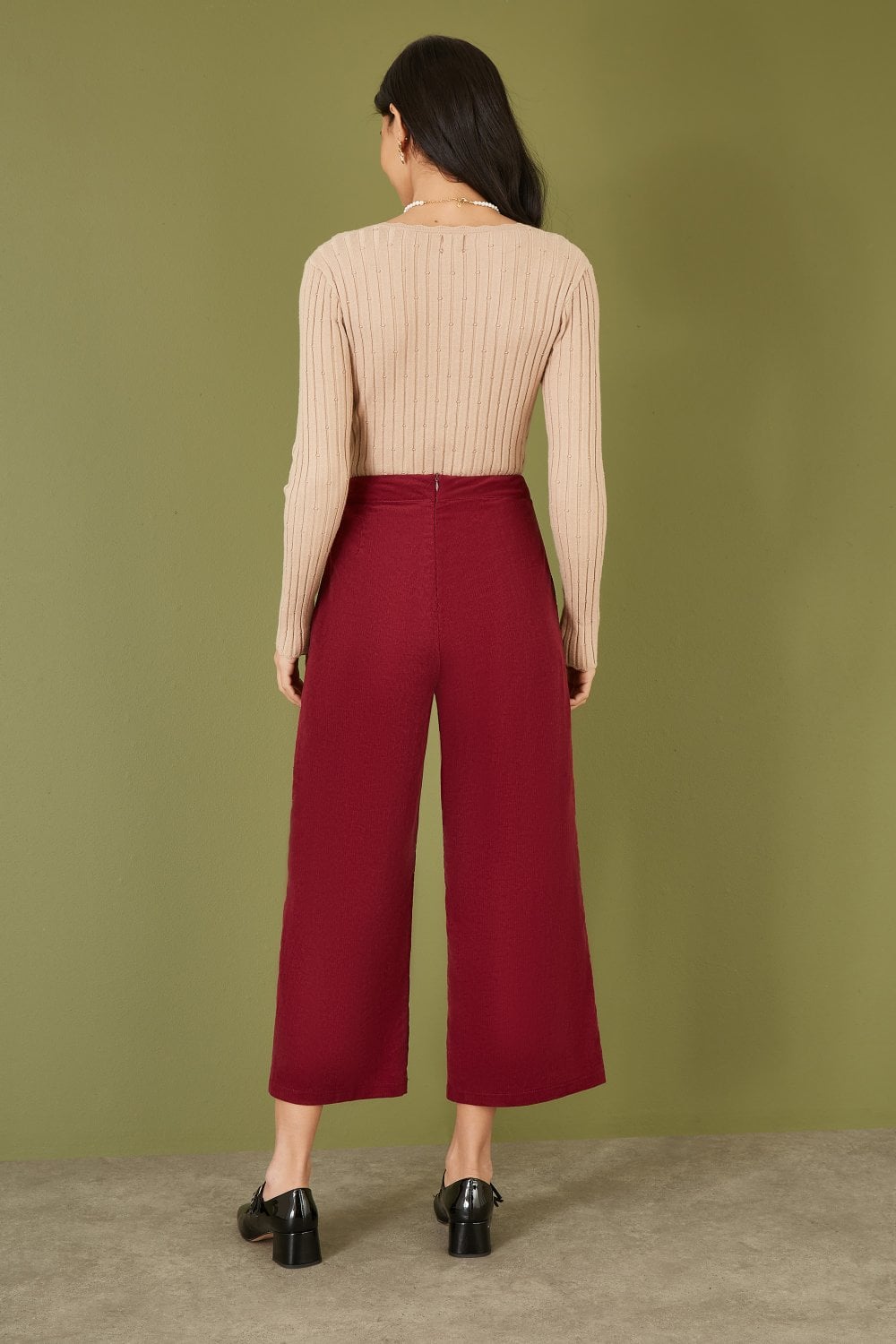 Yumi Burgundy Cord Cropped Wide Leg Trousers With Pockets Yumi