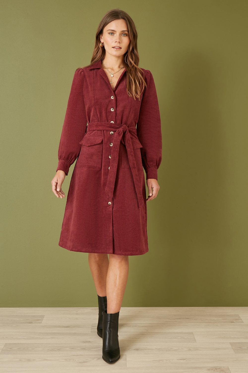 Yumi Burgundy Cord Midi Shirt Dress Yumi