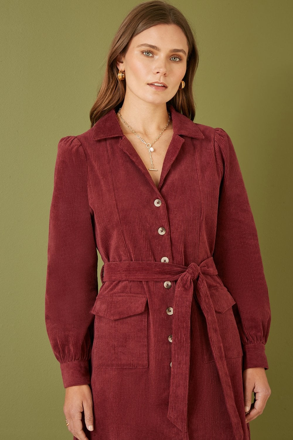 Yumi Burgundy Cord Midi Shirt Dress Yumi