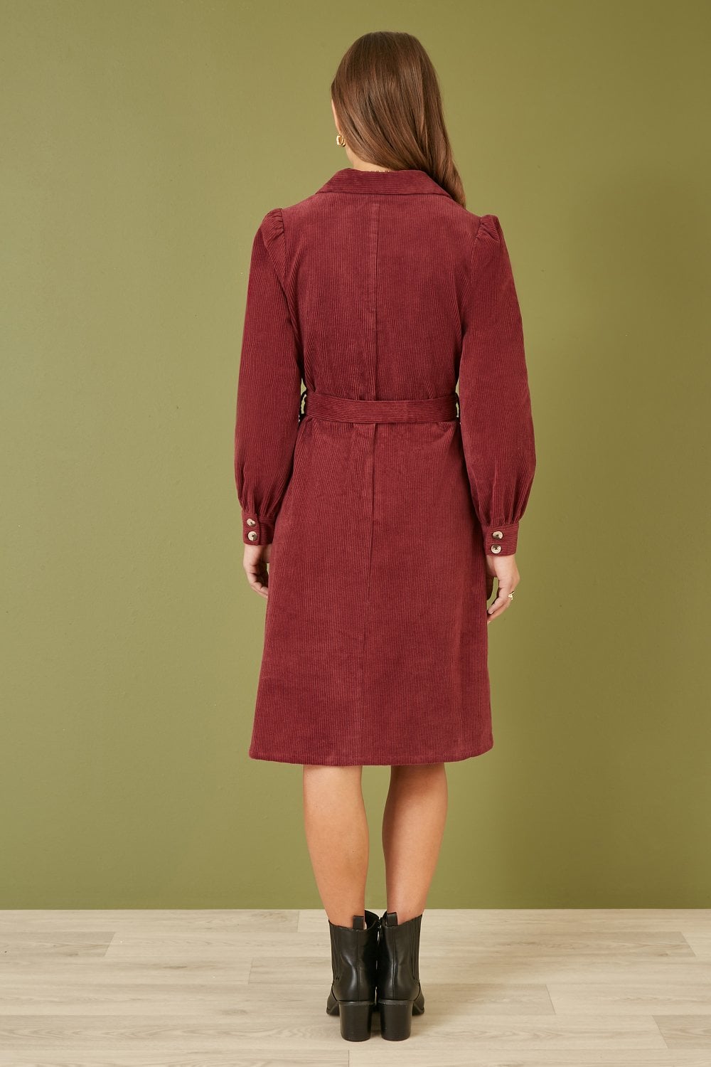 Yumi Burgundy Cord Midi Shirt Dress Yumi