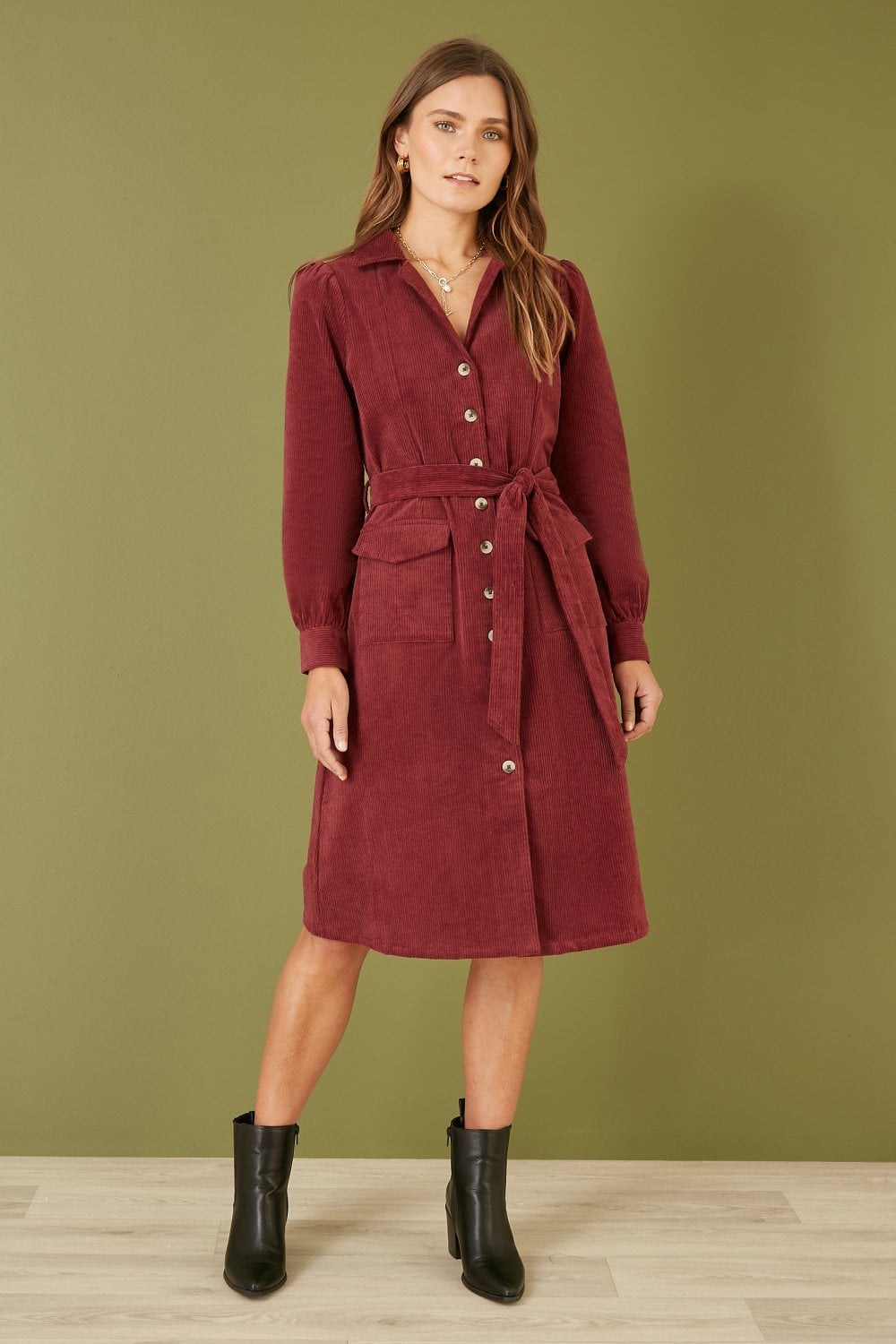 Yumi Burgundy Cord Midi Shirt Dress Yumi