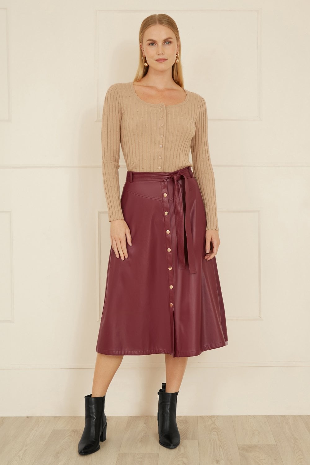 Yumi Burgundy Faux Leather A Line Midi Skirt With Button Up Details Yumi