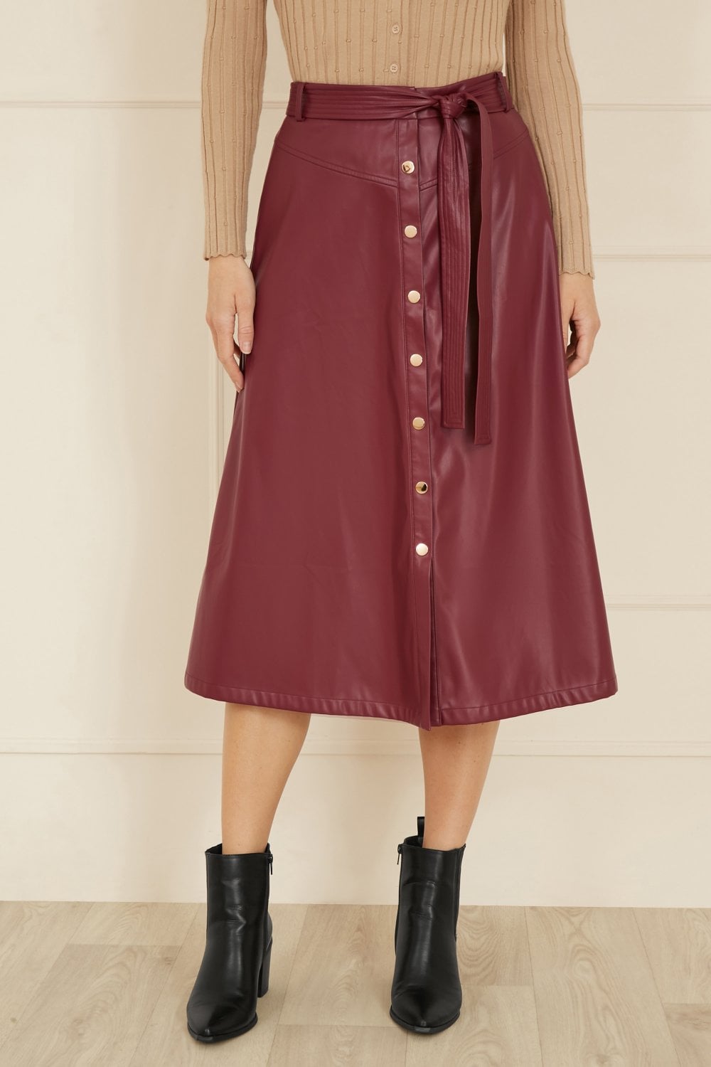 Yumi Burgundy Faux Leather A Line Midi Skirt With Button Up Details Yumi