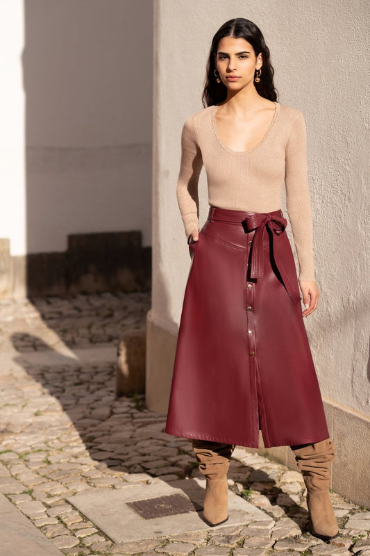 Yumi Burgundy Faux Leather A Line Midi Skirt With Button Up Details Yumi