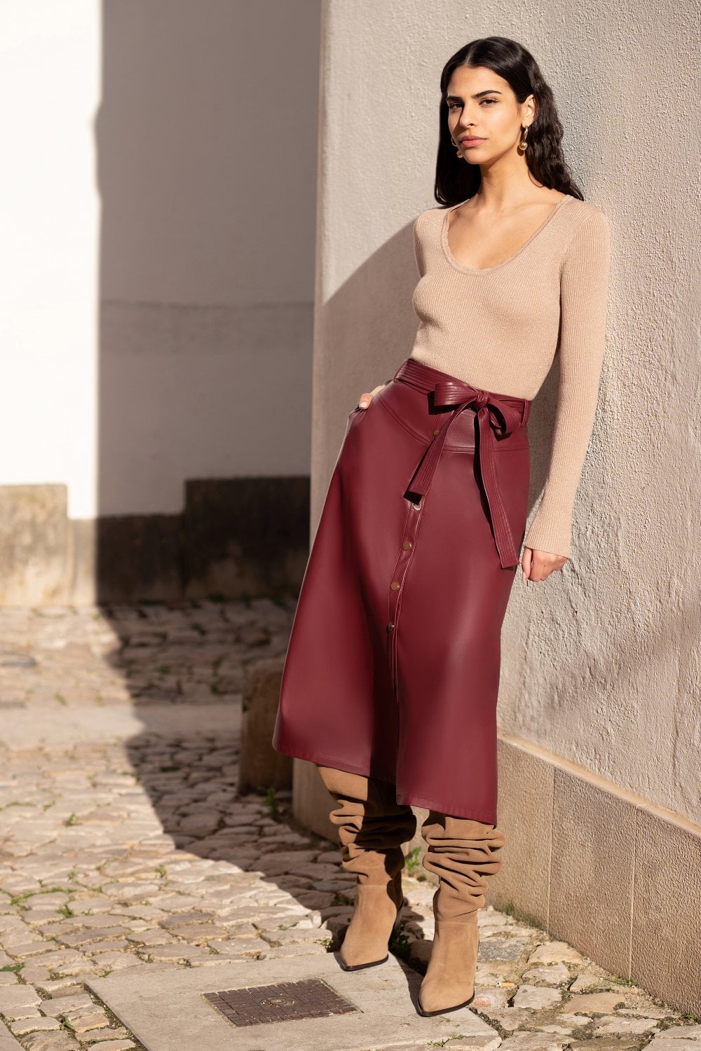 Yumi Burgundy Faux Leather A Line Midi Skirt With Button Up Details Yumi