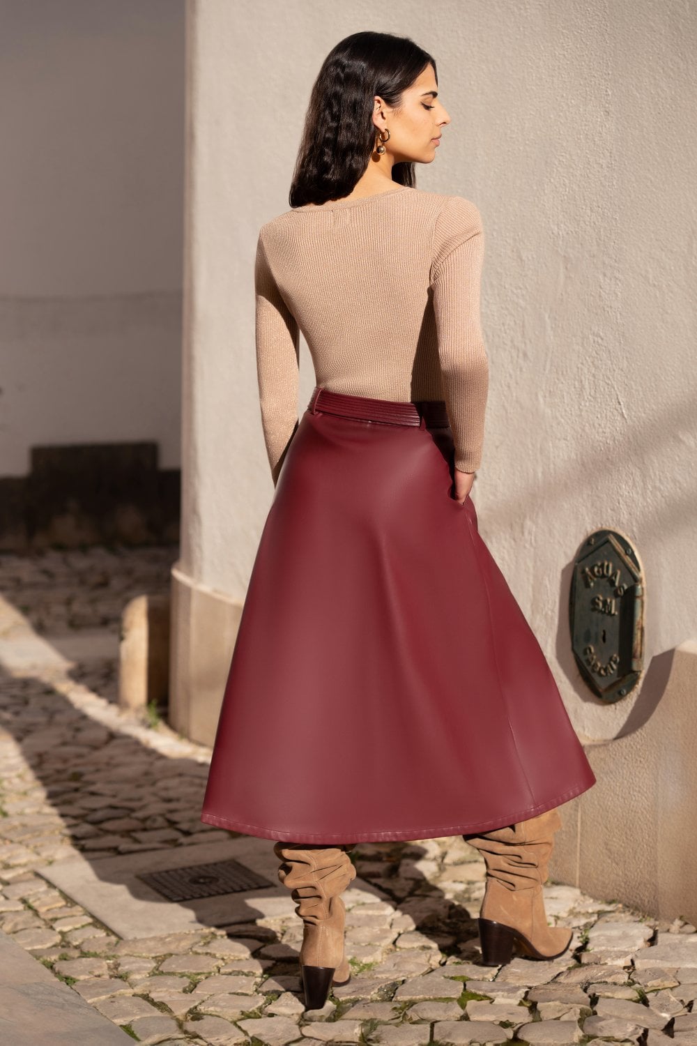 Yumi Burgundy Faux Leather A Line Midi Skirt With Button Up Details Yumi