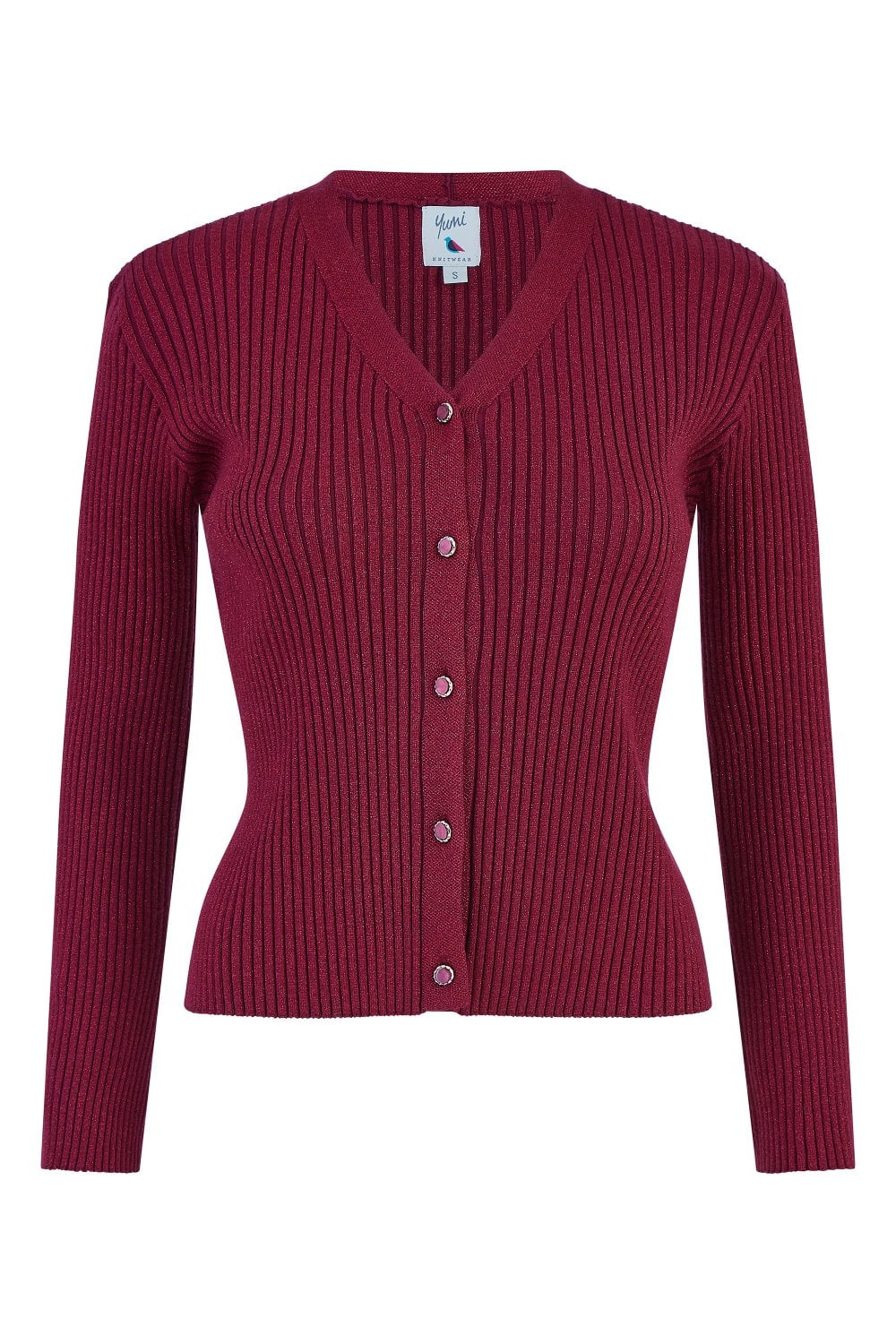 Yumi Burgundy Metallic Rib Knitted Cardigan Yumi