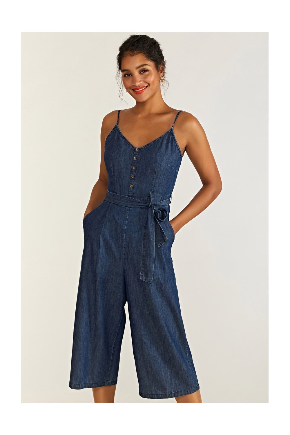 Yumi Blue Button Cotton Denim Jumpsuit Yumi