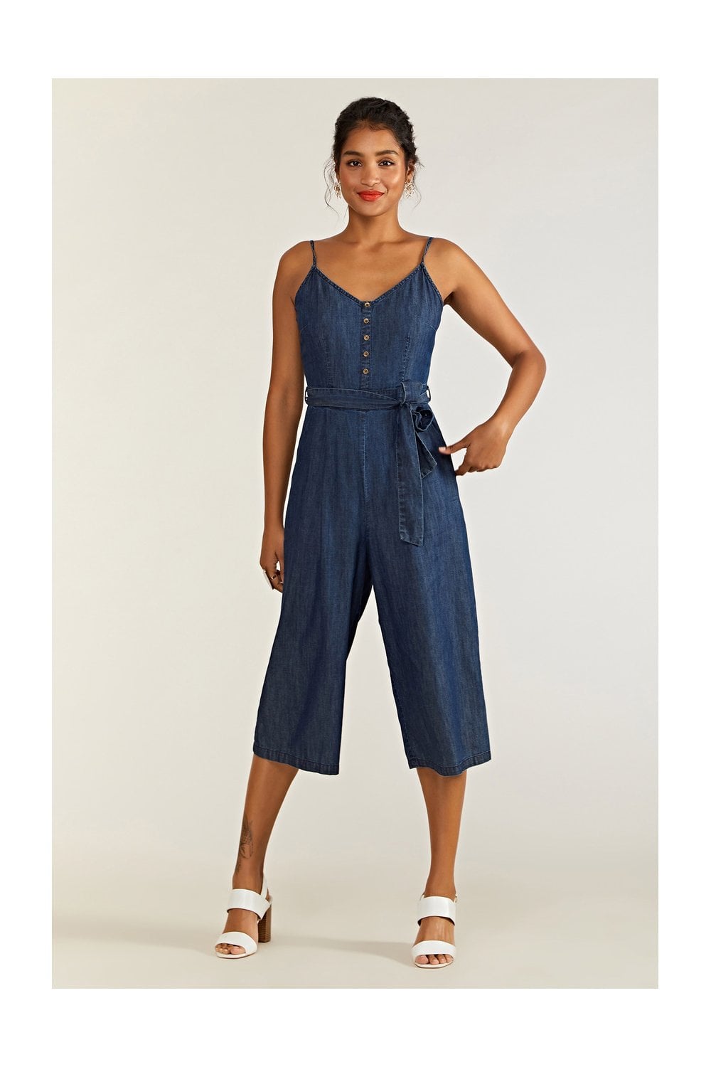 Yumi Blue Button Cotton Denim Jumpsuit Yumi