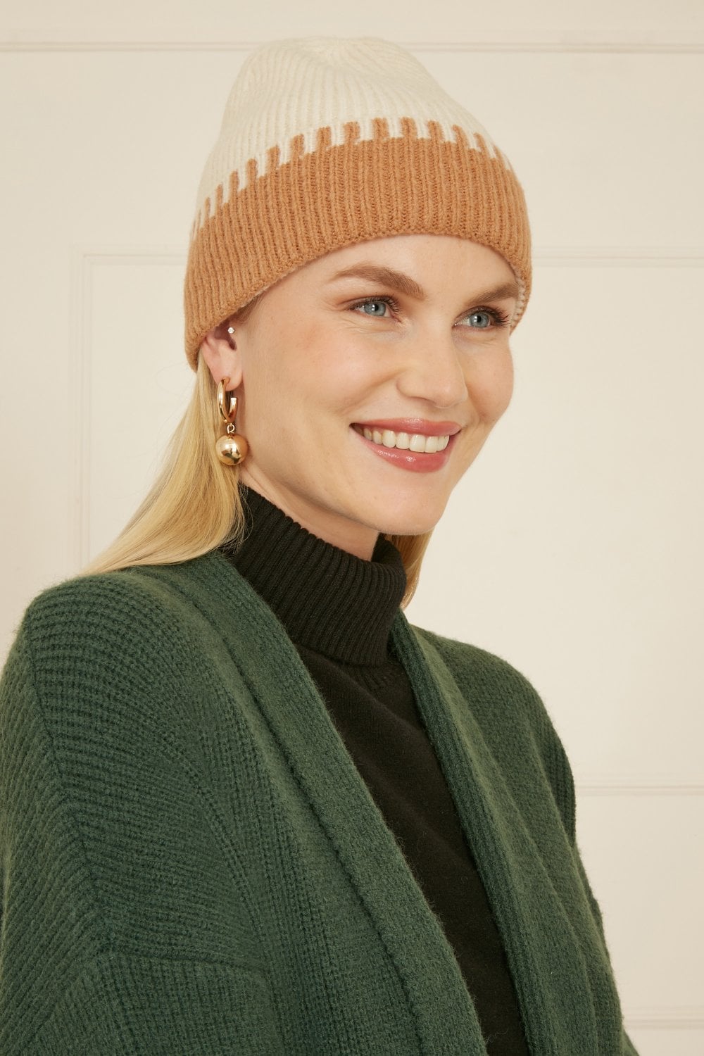 Yumi Camel Two Tone Ribbed Beanie Yumi