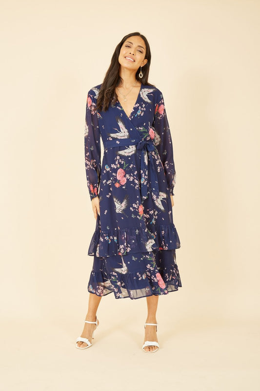 Yumi Crane Print Long Sleeve Wrap Midi Dress In Navy Yumi