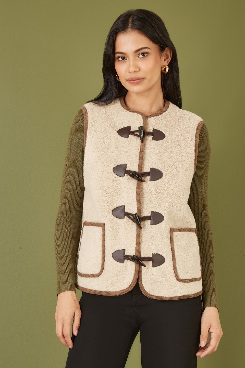 Yumi Cream Borg Gilet With Faux Leather Button Details Yumi