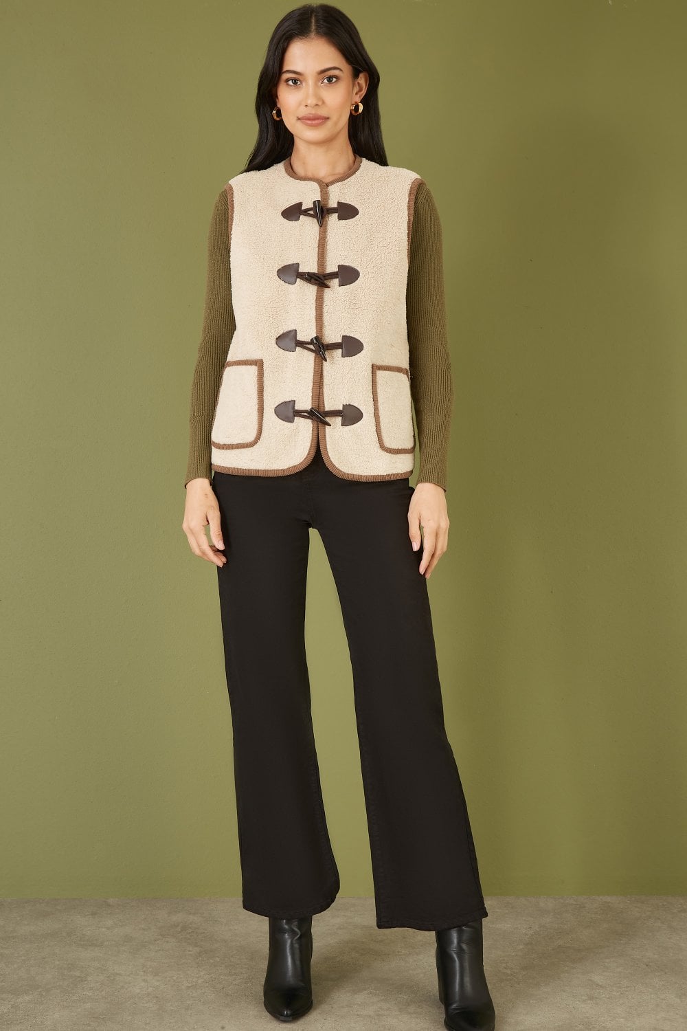 Yumi Cream Borg Gilet With Faux Leather Button Details Yumi