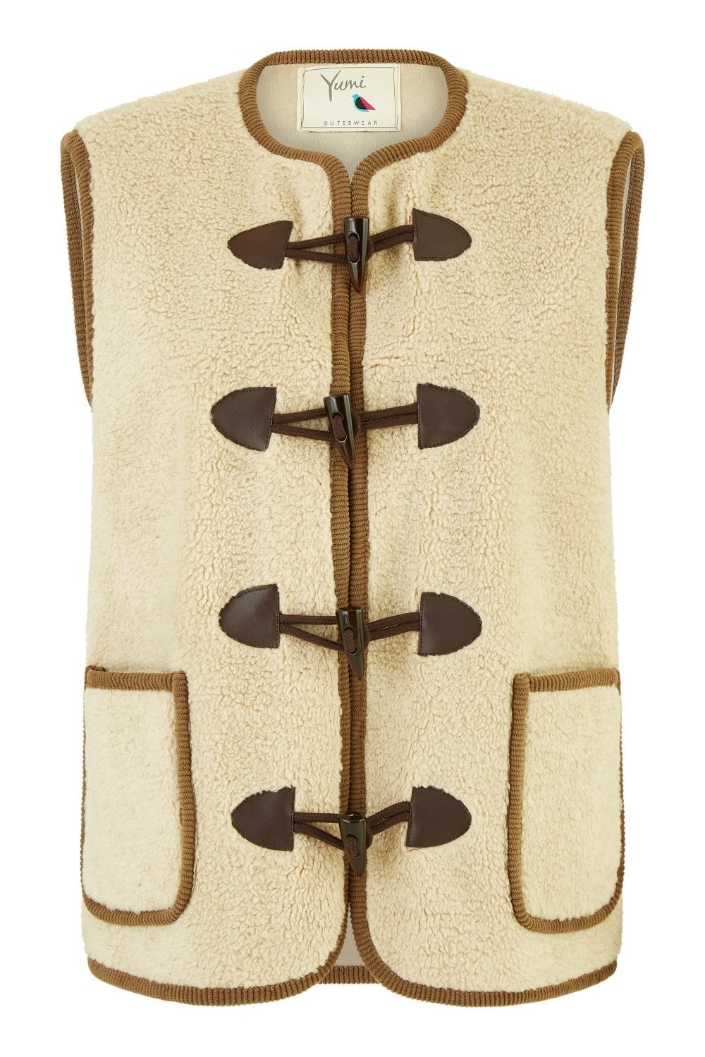 Yumi Cream Borg Gilet With Faux Leather Button Details Yumi